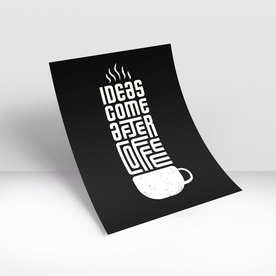 Minimalist black wall art with cream text reading Ideas Come After Coffee shaped like a coffee cup with steam rising above it.