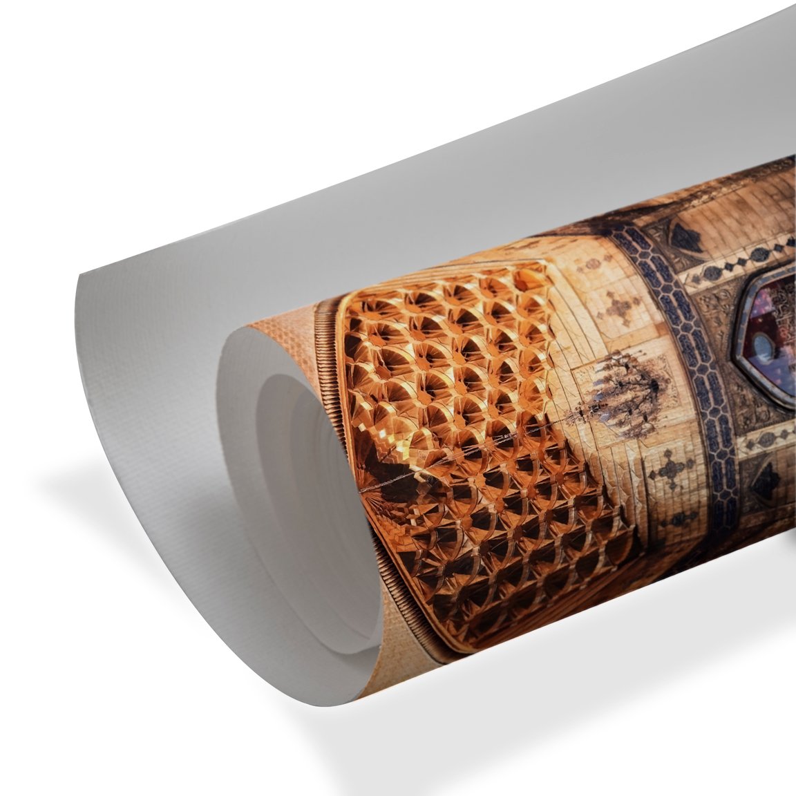 Wall art showing an ornate golden muqarnas ceiling above a mosque entrance with intricate Islamic patterns and Arabic calligraphy.