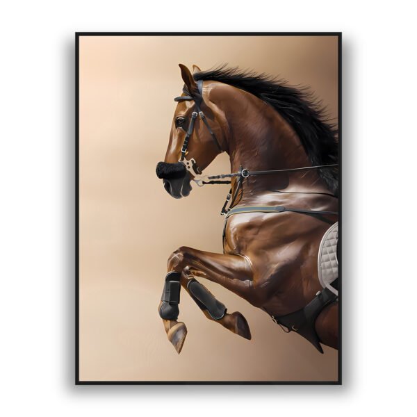 Wall art of a muscular brown horse rearing on its hind legs against a soft beige background with detailed riding tack.