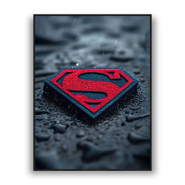 Wall art showing a red Superman emblem with water droplets on a dark, rain-soaked surface.