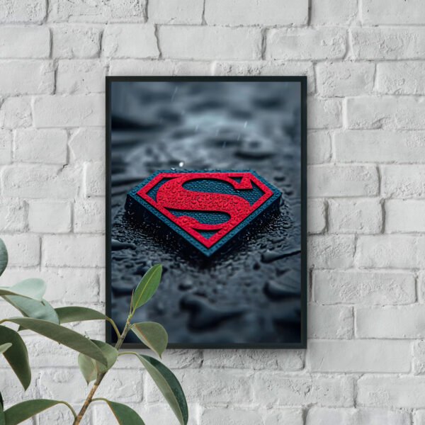 Wall art showing a red Superman emblem with water droplets on a dark, rain-soaked surface.