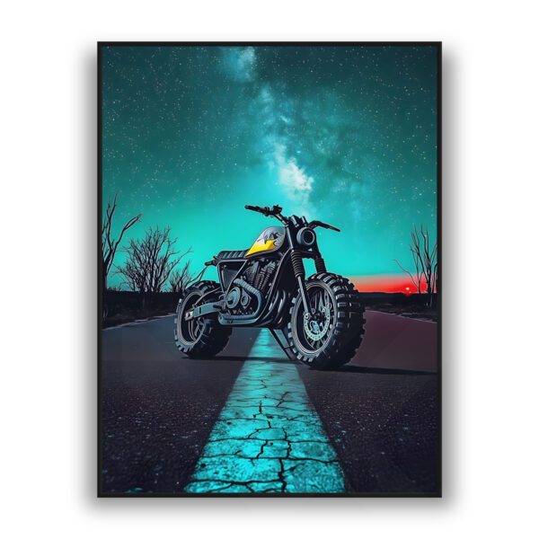 Wall art of a custom motorcycle parked on an empty road under a star-filled night sky with a glowing teal horizon.