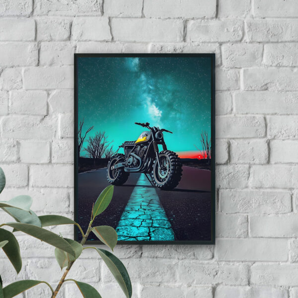 Wall art of a custom motorcycle parked on an empty road under a star-filled night sky with a glowing teal horizon.