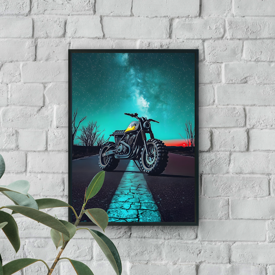 Wall art of a custom motorcycle parked on an empty road under a star-filled night sky with a glowing teal horizon.