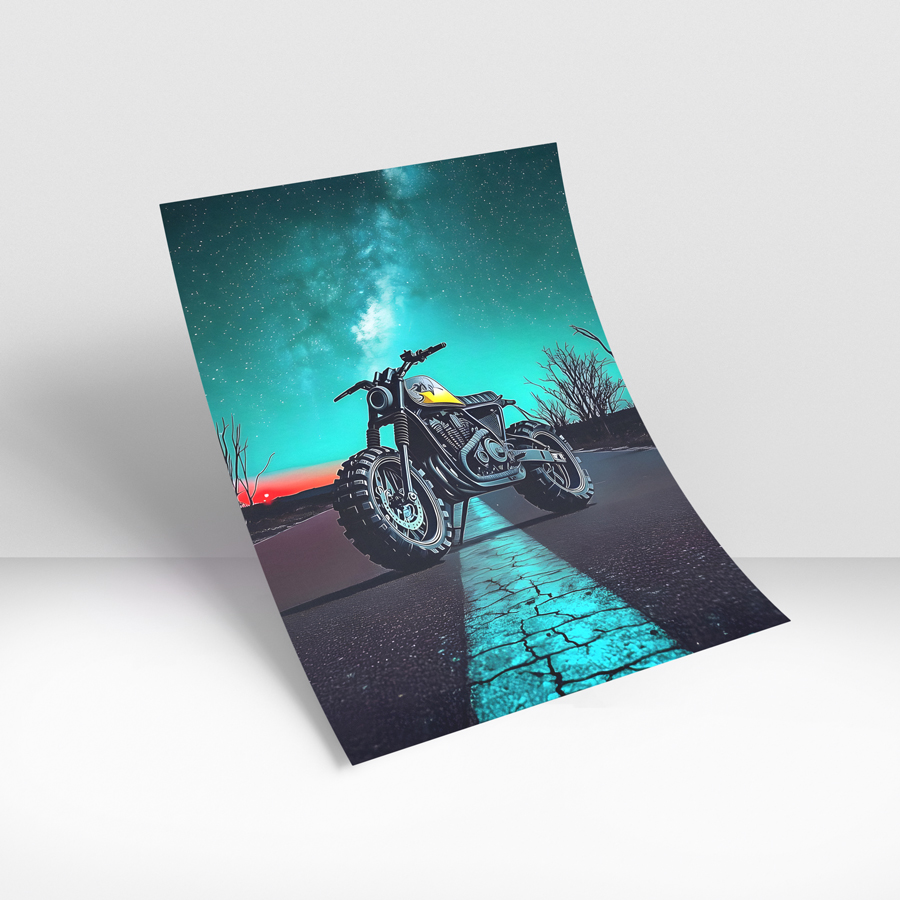 Wall art of a custom motorcycle parked on an empty road under a star-filled night sky with a glowing teal horizon.