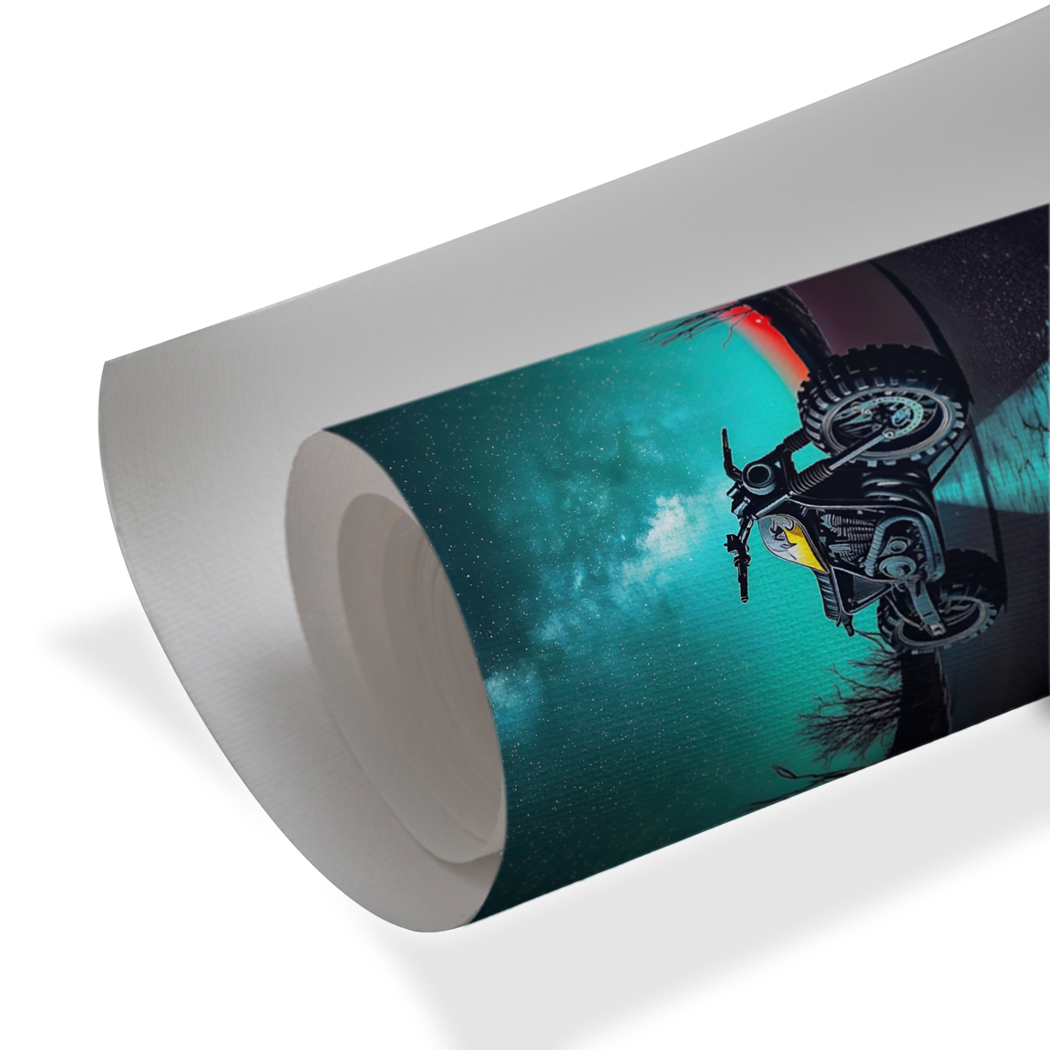 Wall art of a custom motorcycle parked on an empty road under a star-filled night sky with a glowing teal horizon.