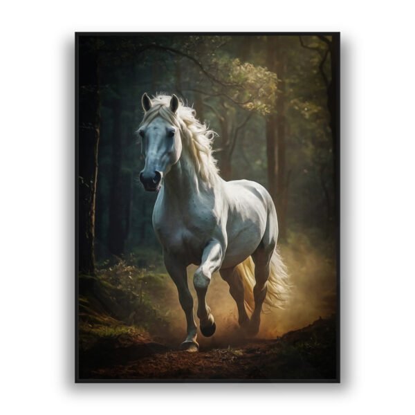 Wall art featuring a white horse running along a forest path with sunlight filtering through the trees.