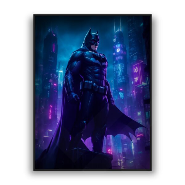 Superhero wall art showing a dark armored hero standing above a neon-lit futuristic city at night.