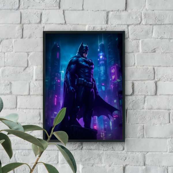 Superhero wall art showing a dark armored hero standing above a neon-lit futuristic city at night.
