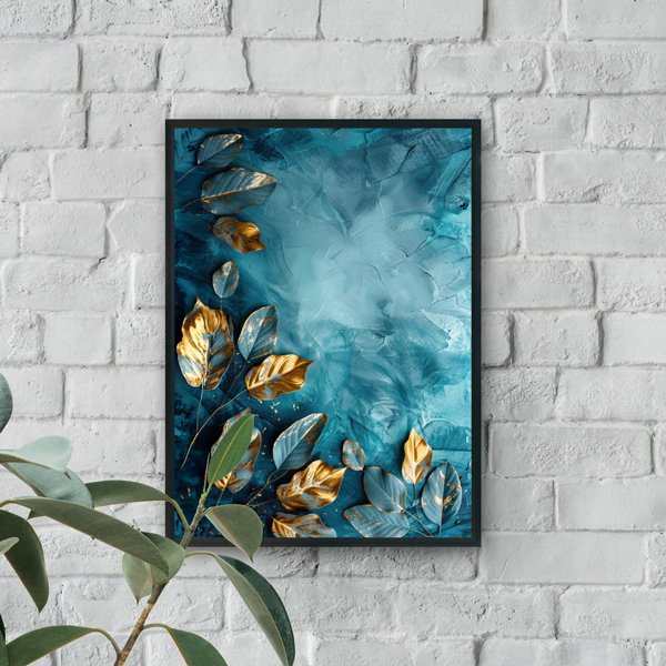 teal abstract background with gold botanical leaves luxury nature wall art modern wall decor
