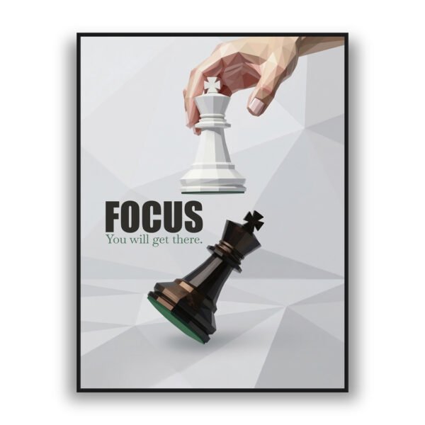 modern motivational chess wall art with hand holding white king and focus quote luxury wall decor