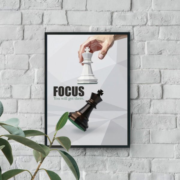 modern motivational chess wall art with hand holding white king and focus quote luxury wall decor