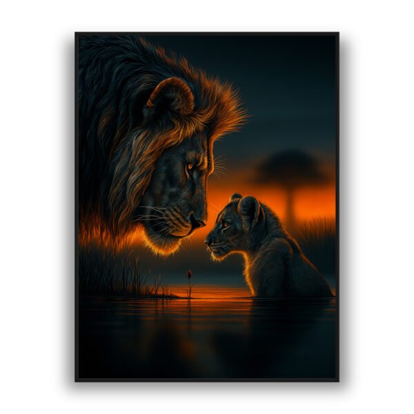 lion and cub at sunset reflection wildlife nature wall art luxury wall decor dramatic scene