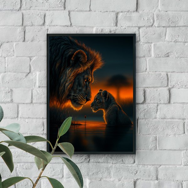 lion and cub at sunset reflection wildlife nature wall art luxury wall decor dramatic scene