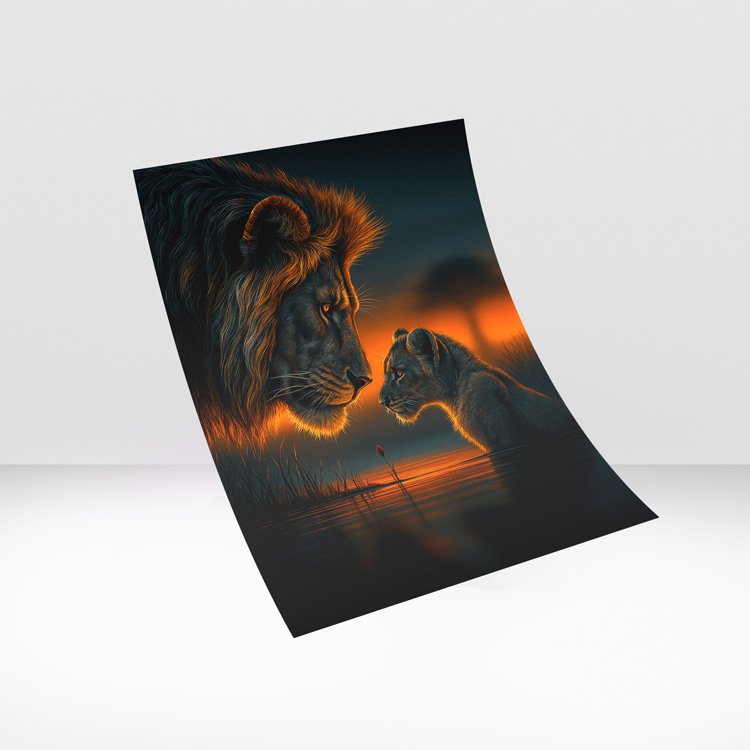 lion and cub at sunset reflection wildlife nature wall art luxury wall decor dramatic scene