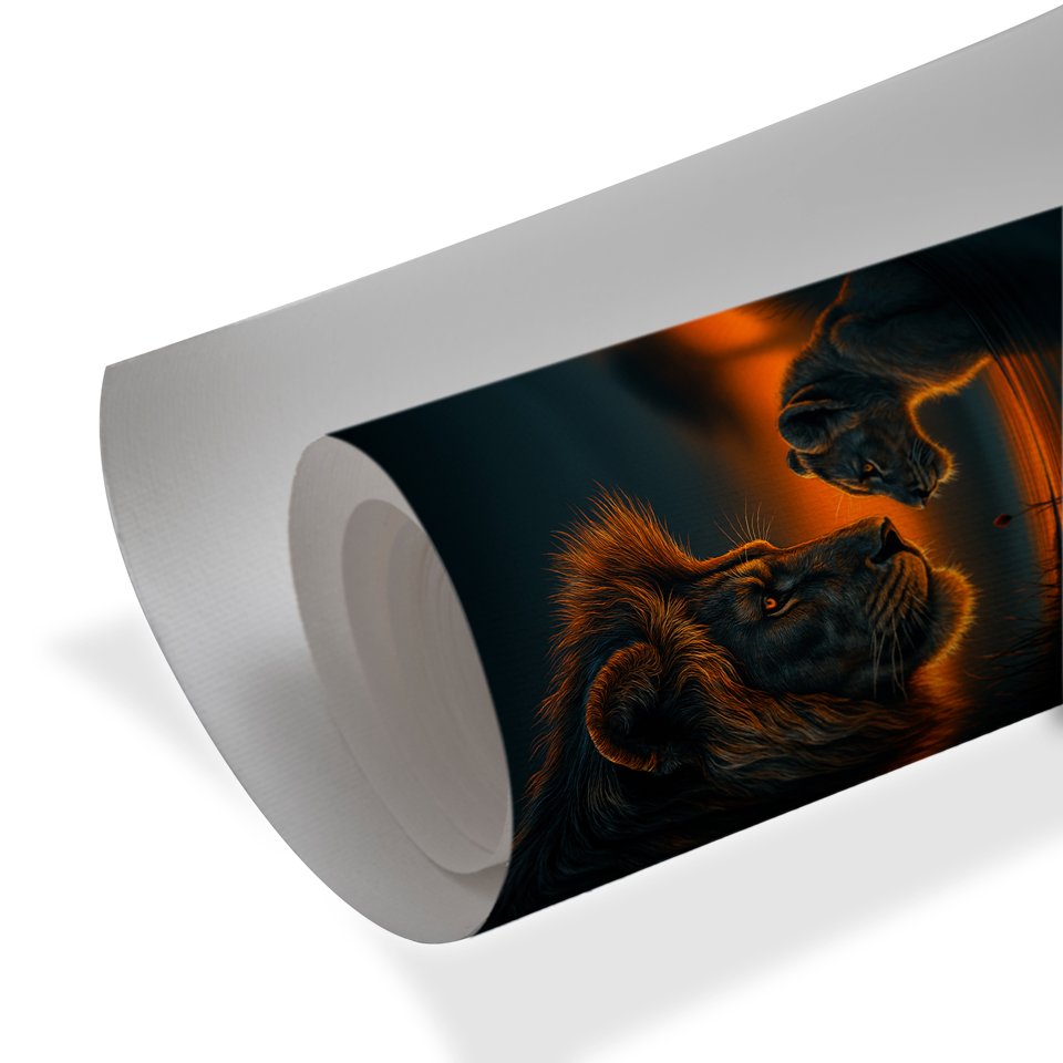 lion and cub at sunset reflection wildlife nature wall art luxury wall decor dramatic scene