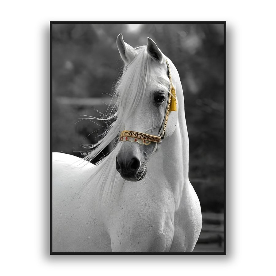 white horse portrait luxury wall art with gold bridle modern elegant decor