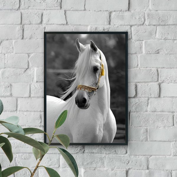 white horse portrait luxury wall art with gold bridle modern elegant decor