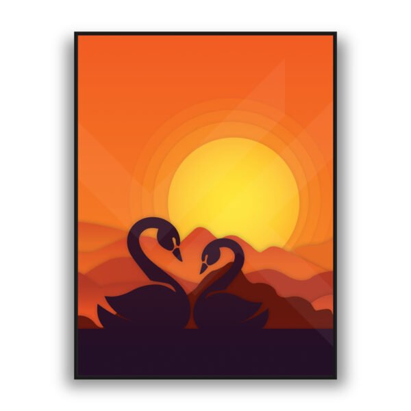Romantic swans silhouette at sunset nature luxury wall art