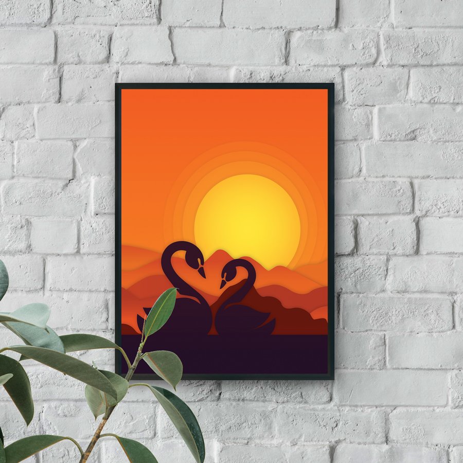 Romantic swans silhouette at sunset nature luxury wall art