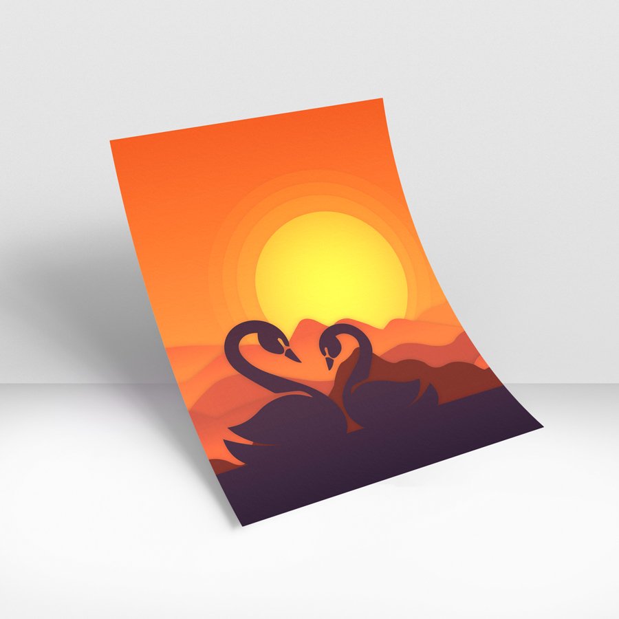 Romantic swans silhouette at sunset nature luxury wall art
