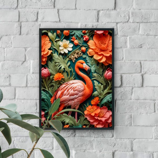 Flamingo surrounded by tropical flowers modern luxury wall art