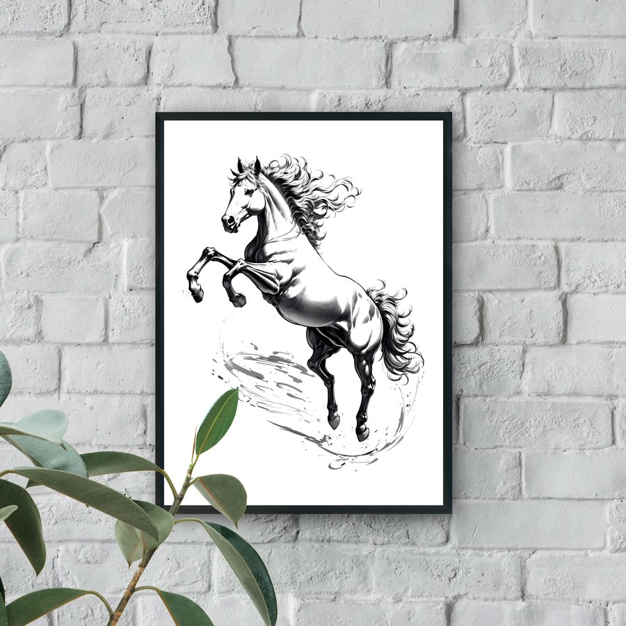 Black and white rearing horse modern luxury wall art design