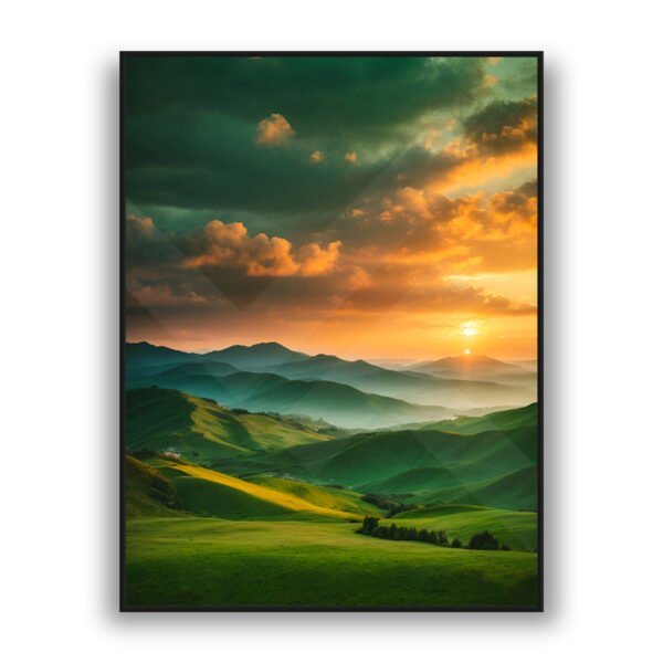 Green rolling hills at sunset nature luxury wall art