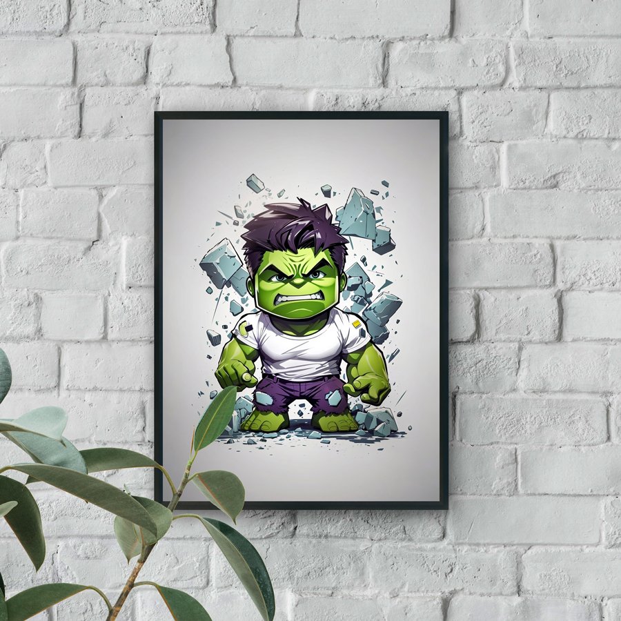Green superhero comic style modern wall art with shattered debris