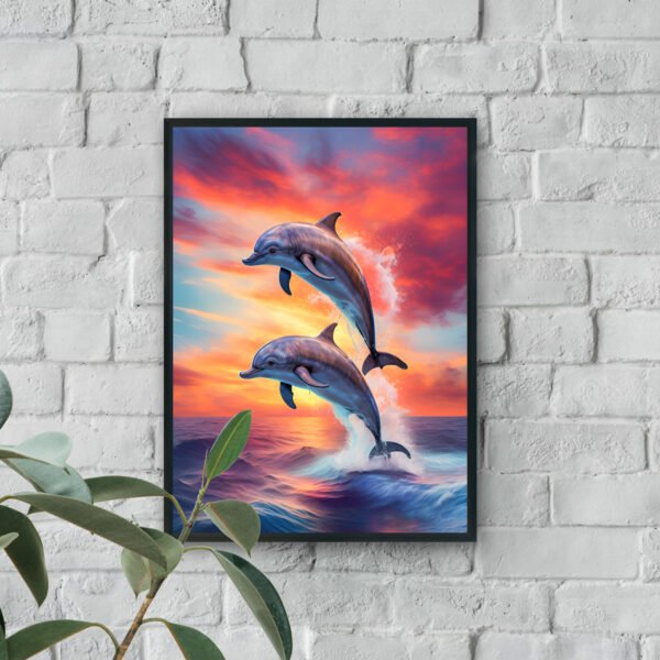 Dolphins jumping over ocean at sunset luxury wall art