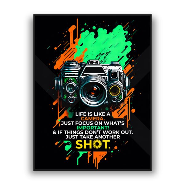 Street art camera modern wall art with neon paint splashes