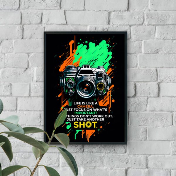 Street art camera modern wall art with neon paint splashes