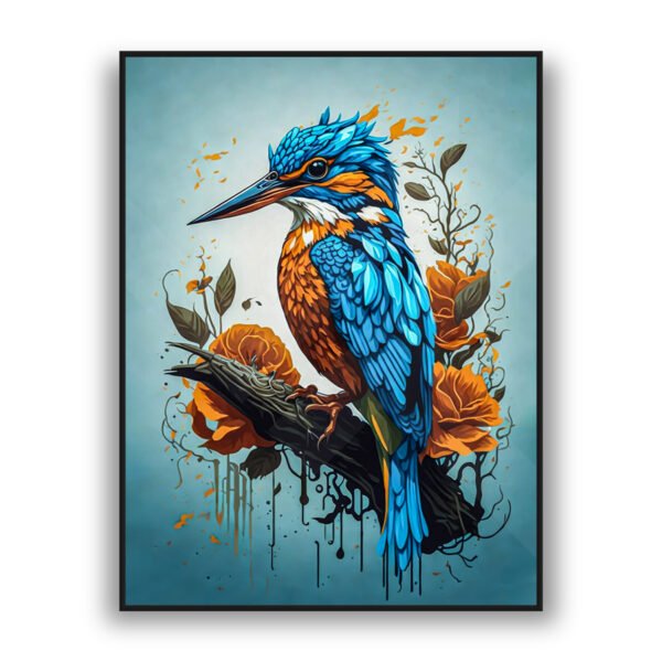 Colorful kingfisher bird with orange flowers modern luxury wall art