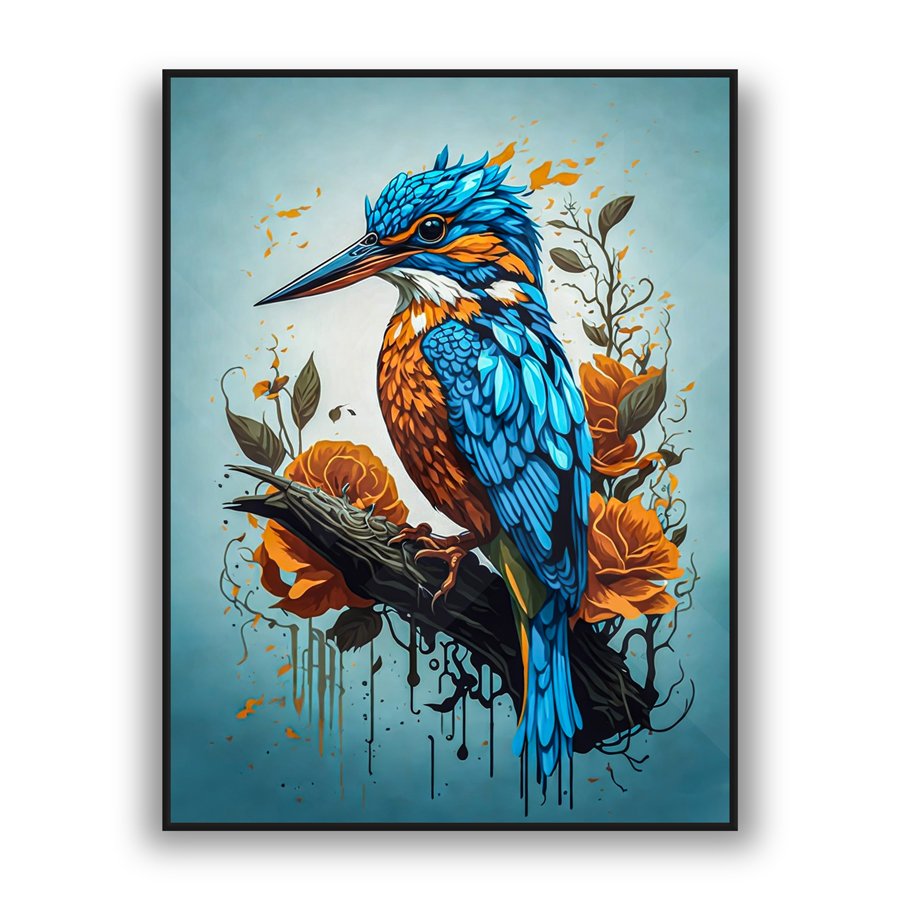 Colorful kingfisher bird with orange flowers modern luxury wall art