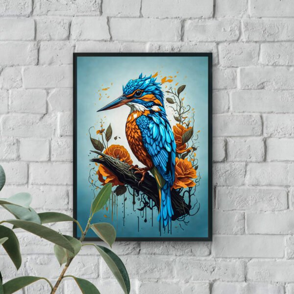 Colorful kingfisher bird with orange flowers modern luxury wall art