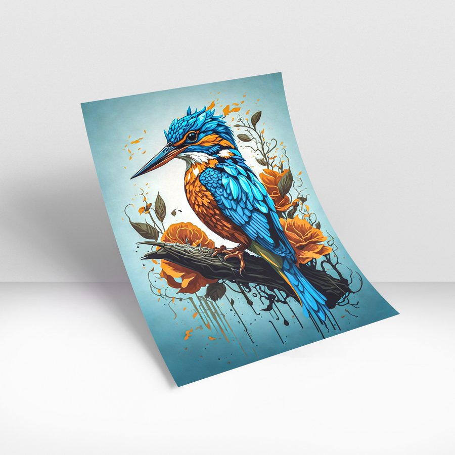 Colorful kingfisher bird with orange flowers modern luxury wall art