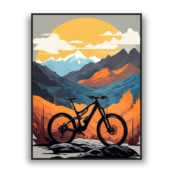Mountain bike silhouette with sunset mountains modern luxury wall art