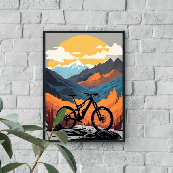Mountain bike silhouette with sunset mountains modern luxury wall art