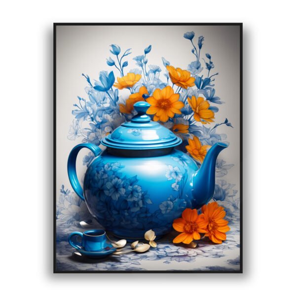 Blue teapot with orange flowers modern luxury wall art design