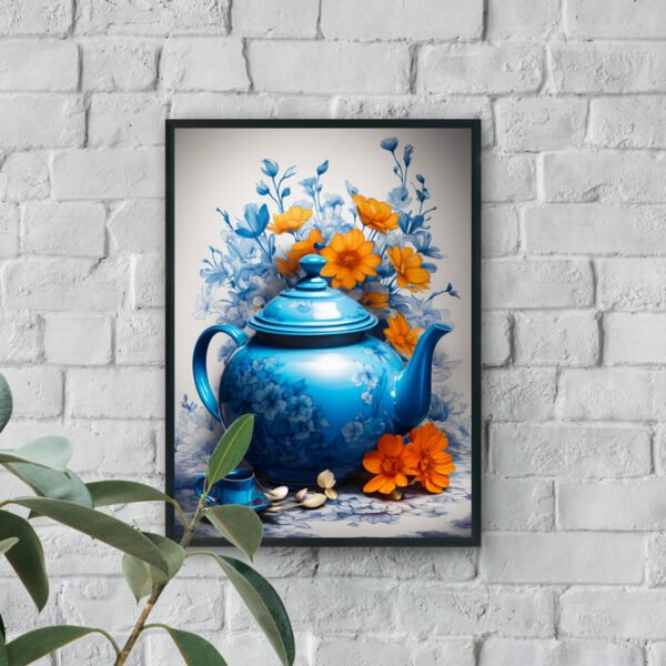Blue teapot with orange flowers modern luxury wall art design