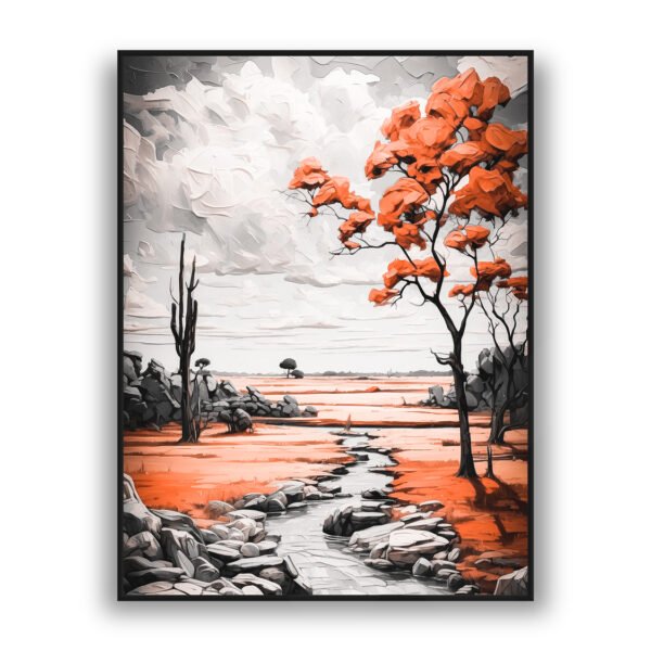 Abstract landscape with red trees and stream modern luxury wall art