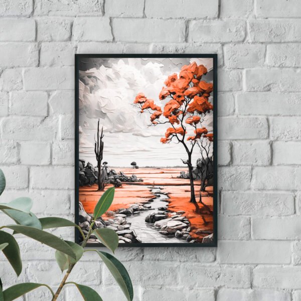 Abstract landscape with red trees and stream modern luxury wall art