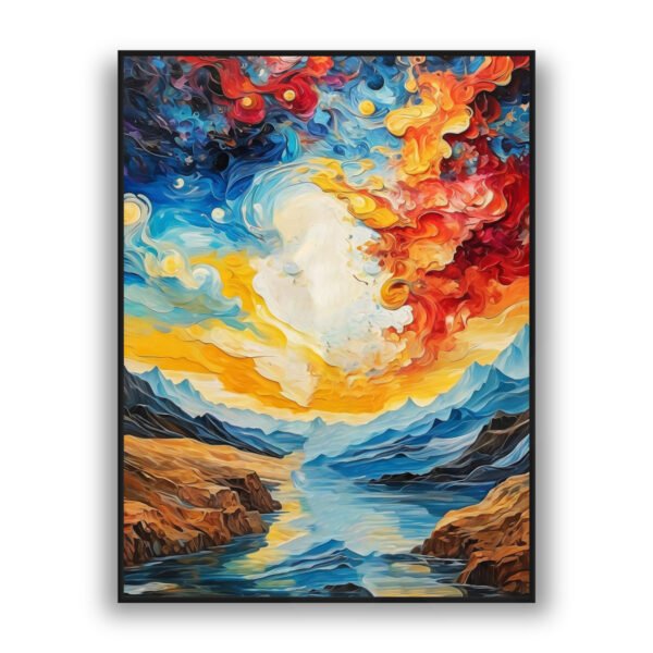 Abstract colorful cosmic sky over mountain river modern luxury wall art