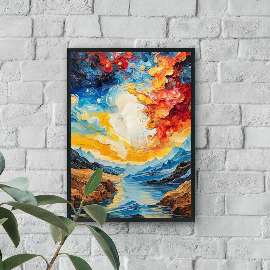 Abstract colorful cosmic sky over mountain river modern luxury wall art