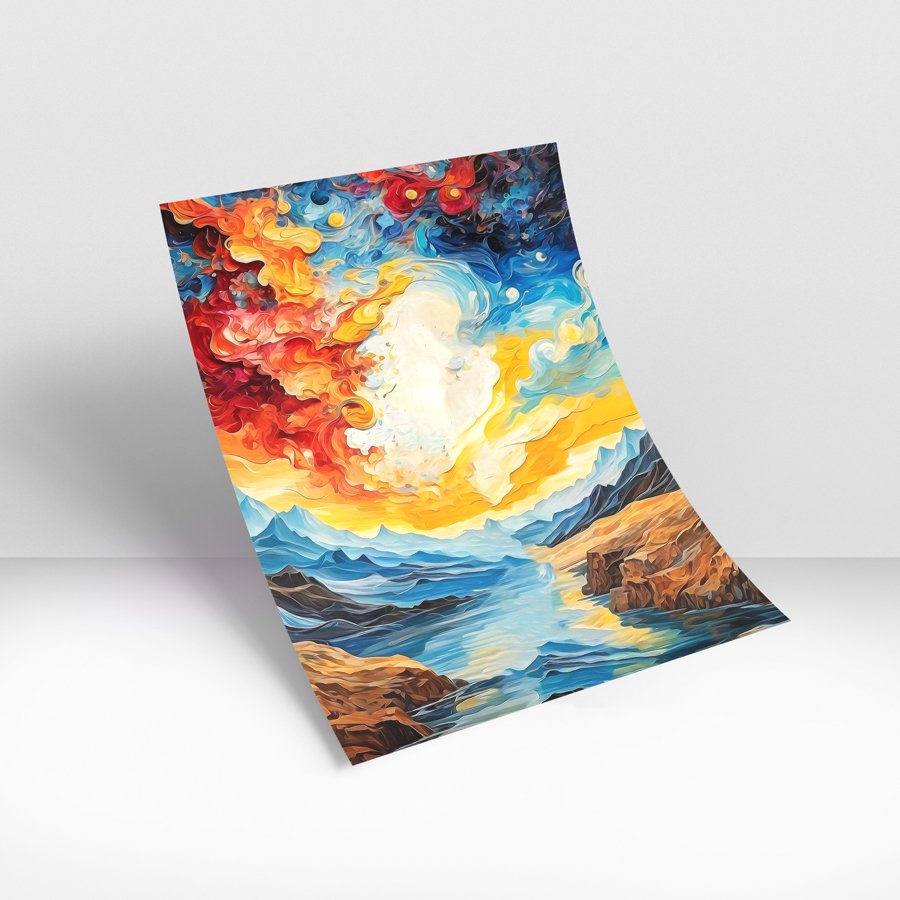 Abstract colorful cosmic sky over mountain river modern luxury wall art