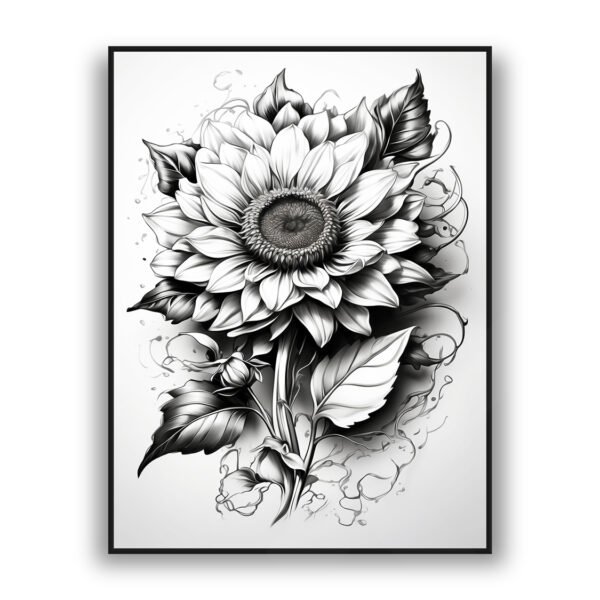 Black and white detailed sunflower floral luxury wall art design