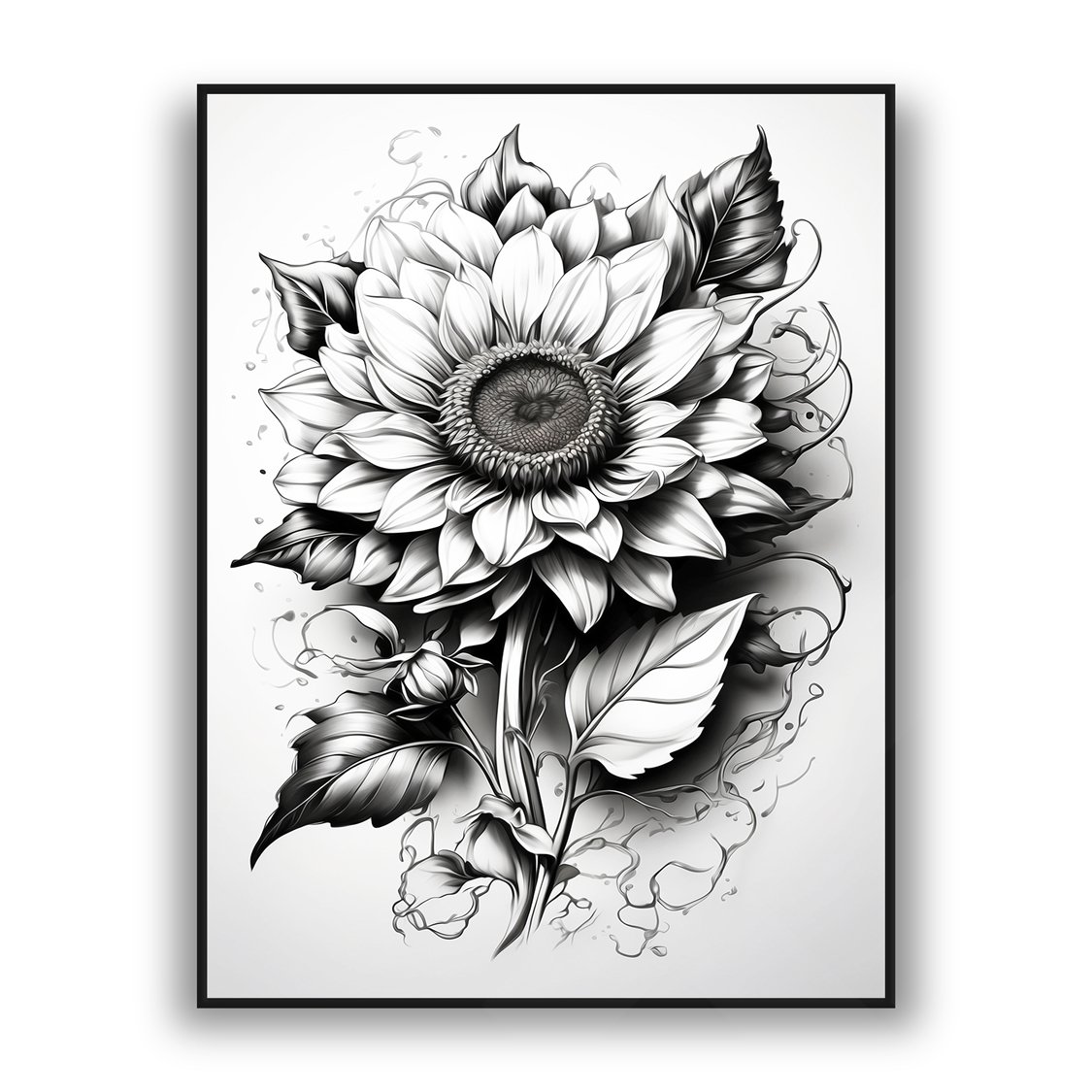 Black and white detailed sunflower floral luxury wall art design