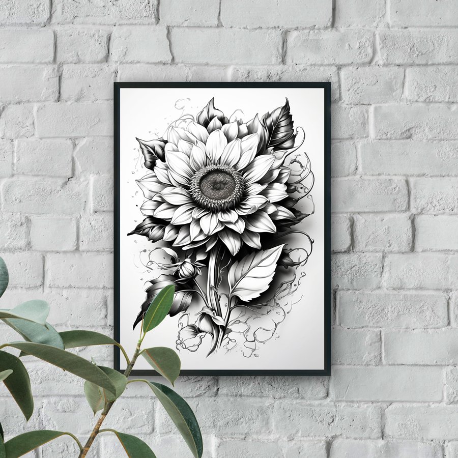 Black and white detailed sunflower floral luxury wall art design