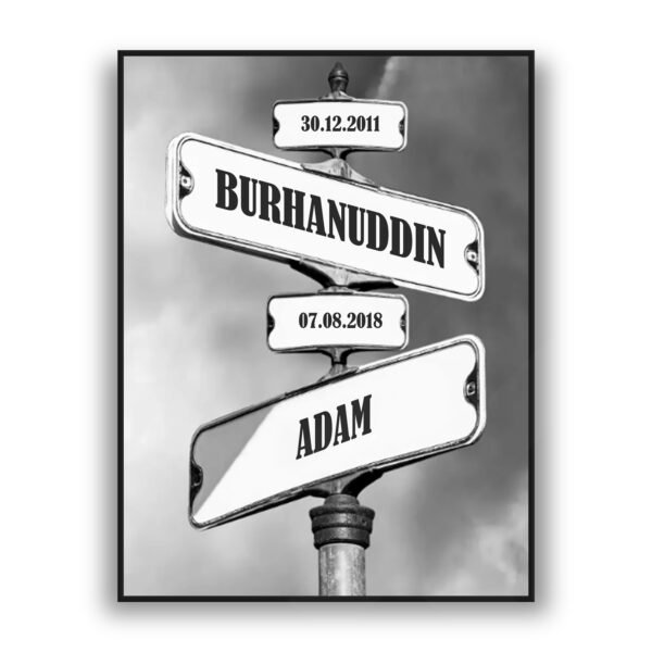 Personalized name sign wall art with custom dates in black and white vintage style