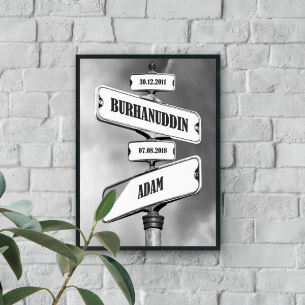 Personalized name sign wall art with custom dates in black and white vintage style